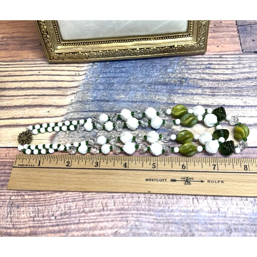 Vintage 2 Strand Green White Beaded‎ Necklace Earrings Set 1950s Costume Jewelry